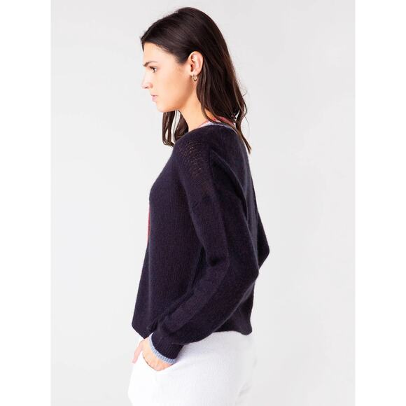 Sundry Contrast Stripe Cardigan Tennis Varsity Preppy Navy Wool Cashmere - Picture 2 of 7